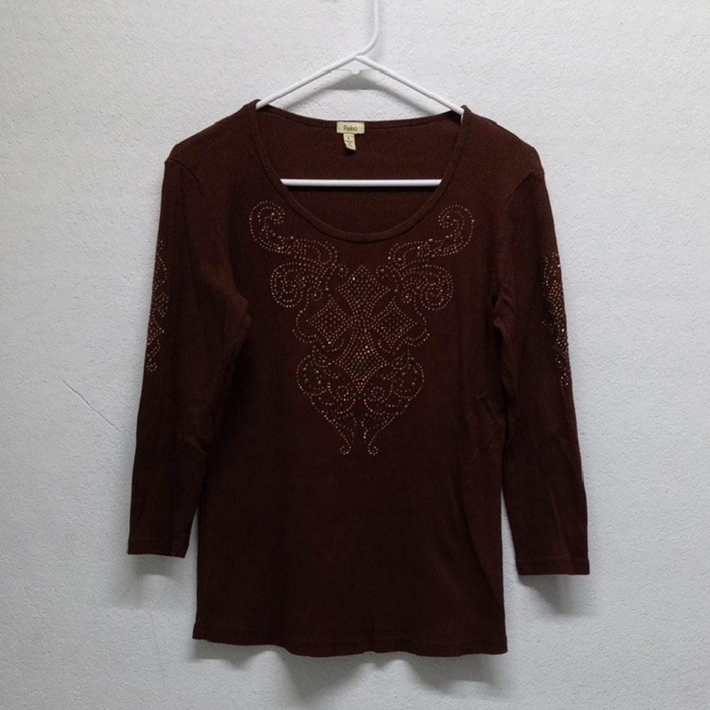 Reba Y2K Brown Bronze And Gold Cross Bling Print On Front And Sleeves Top